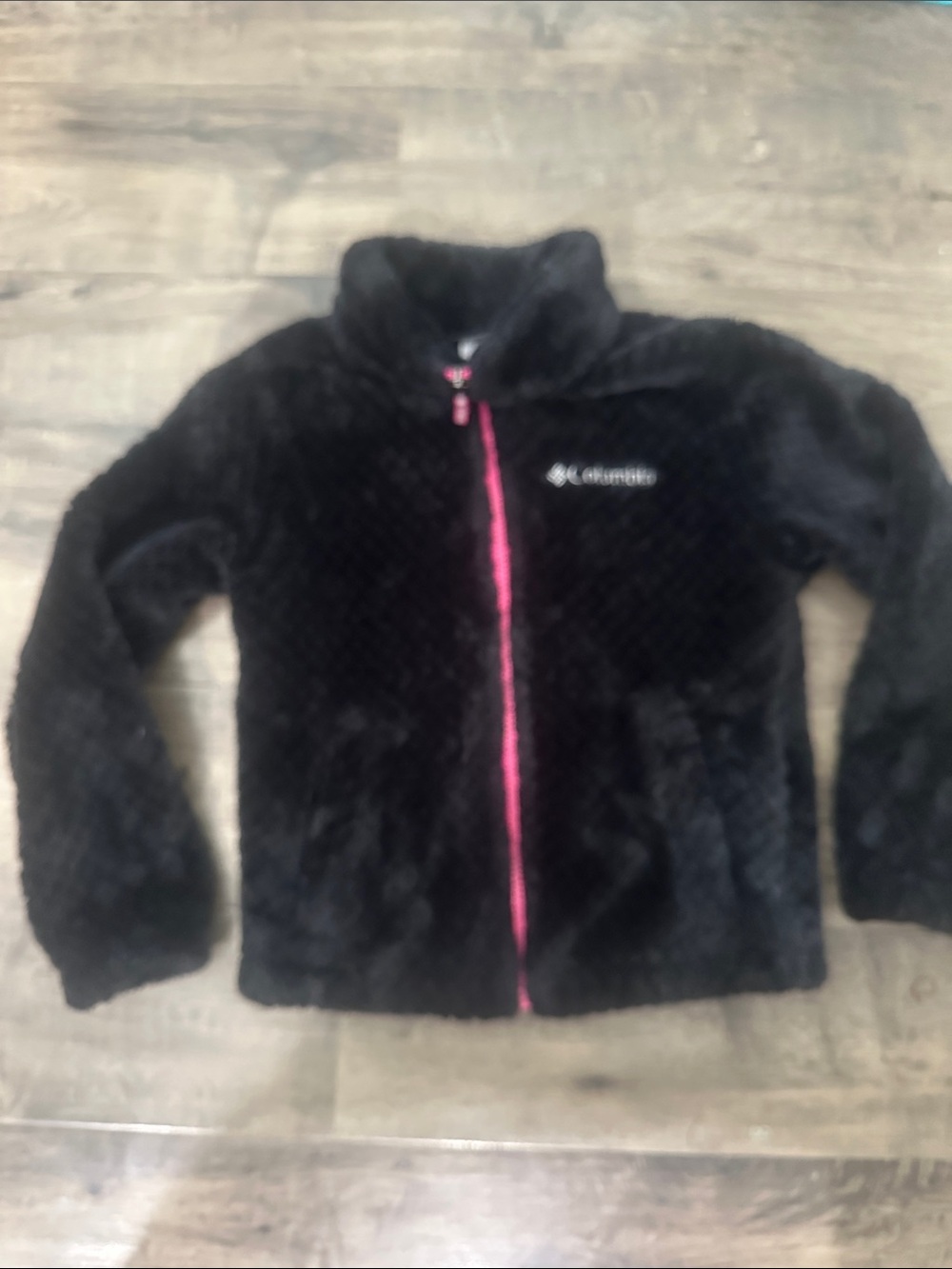 Columbia Black Plush Fleece Jacket with Pink Zipper size XS 6/7